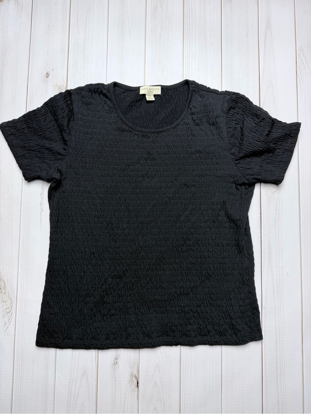 Appleseed's Short Sleeve Smocked Textured Knit Crew Neck Top